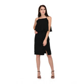 Black cotton blend solid sleeveless knee-length dress for women